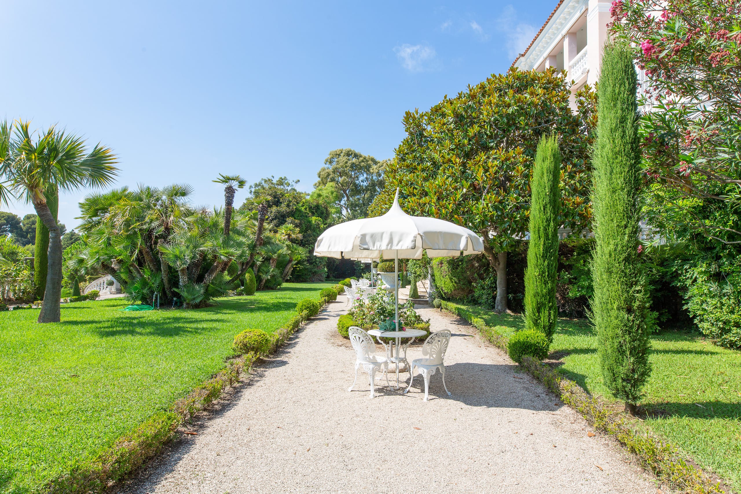 Formal garden path and pergola